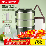 爱仕达（ASD） 保温饭盒 食品级304不锈钢外分层大容量成人多层便携学生便当盒 绿色2.2L三层饭盒+保温袋+餐具