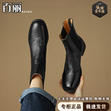 百丽踏系列秋冬新品头层全牛皮圆头弹力靴女休闲防滑加绒软底短靴粗跟后 黑色单里 软牛皮跟高三厘米 37