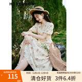 红袖100%棉氛围感连衣裙夏季新款女装 印花高级感小众收腰V领显瘦长裙 米底花611 S