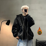 主意范cleanfit座山雕毛领连帽夹克棉服男冬季加厚保暖美式短款棉衣外套 黑色皮面（加绒加厚） L （适合）115-130斤