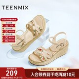 天美意凉鞋女商场同款坡跟编织花朵一字带女鞋COO05BL3 杏色 39