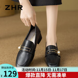 ZHR单鞋女复古方头珍珠扣乐福鞋女粗跟增高两穿显瘦女鞋 K170黑色 37