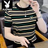 花花公子（PLAYBOY） 男式针织短袖T恤夏季高端修身冰丝圆领上衣薄款休闲格子半袖体恤 7黑色 XL