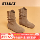 星期六短靴女平底复古休闲显瘦时尚堆堆靴2025秋季新款 棕色 36 (230mm) 标准码