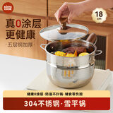 kims cook雪平锅无涂层家用小奶锅五层不锈钢辅食泡面锅304不锈钢18cm+蒸笼