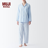 无印良品（MUJI） 女式 无侧缝双层纱织睡衣女士家居服春秋纯棉条纹格纹长袖 女款 浅蓝色条纹 L (上装165/88A下装165/70A)