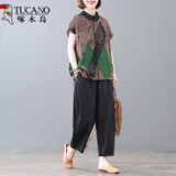 啄木鸟中老年女装妈妈夏装2025新款棉麻短袖套装宽松时尚大码母亲节礼物 绿衣+黑裤 L 建议115-130斤