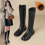 ZHR长筒靴女冬不过膝西部骑士靴平底皮带扣显瘦加绒靴子FK28A黑色37