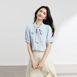 伯德小姐蓝色蝴蝶结衬衫女设计感系带短袖上衣气质通勤职业白领衬衣