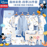 迪士尼（Disney）婴儿衣服0-6个月新生儿礼盒秋冬季宝宝满月见面礼待产包A类用品 森林米奇蓝26件套四季款 礼盒装 66cm (建议0-5个月)