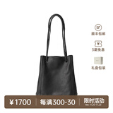 裘真008水桶包女斜挎通勤大容量真皮复古小众植鞣牛皮包包 黑色-小号