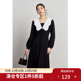 独束大码女装【双色长短款】赫本风裙子蝴蝶结娃娃领新款连衣裙秋 静谧黑-长款 L