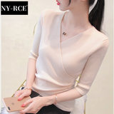 NY-RCE春秋装打底针织衫女新款交叉上衣v领洋气半袖毛衣百搭 米色 L