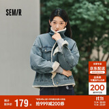 森马（Semir）牛仔外套女拼接仿兔毛翻领宽松港风冬季落肩夹棉夹克103724108001