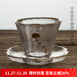 容山堂释水 手绘玻璃茶杯 品茗杯主人杯小杯垫茶席 功夫茶具套装 手绘茶杯套装-3号初莲