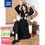 唐狮（TonLion）2024黑色v领拼接格纹连衣裙女复古针织格子裙气质长裙 黑色 M 