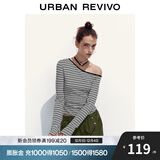 UR2025秋季新款女装城市度假斜肩领撞色条纹褶皱T恤UYY450294 黑色条纹 L