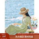茵曼（INMAN）七七同款连衣裙2025夏女装新款田园纯棉提花方领A字泡泡袖蛋糕裙 淡绿色 74.6%粘纤 25.4%棉  M