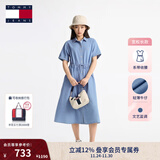 TOMMY JEANS【复古文艺风】25春夏新款女纯棉气质收腰宽松牛仔长连衣裙 牛仔蓝1A4 L (推荐:125-140斤)