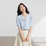 伯德小姐蓝色短袖雪纺衬衫女小个子穿搭职业上衣教资通勤正装衬衣