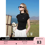 三彩2025秋款修身立领短袖T恤绣花抽褶收腰简约套头衫M 经典黑 S 155/80A