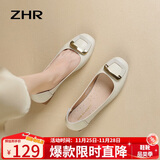 ZHR浅口单鞋女春秋粗跟通勤女鞋优雅方扣真牛皮船鞋女 AH378 米色 37