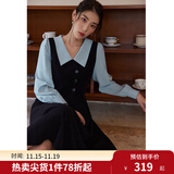 独束大码女装假两件撞色衬衫领连衣裙女秋冬微胖mm文艺复古穿搭裙子 墨染黑【适合165左右】 2XL