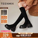 天美意鞋子女鞋商场同款粗跟增高显瘦弹力长靴女时装靴CPB80DG3 黑色 35