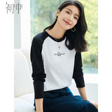 初申春秋长袖T恤女撞色拼接休闲简约百搭圆领打底衫上衣S143T2023