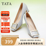 他她女鞋粗跟单鞋真皮方头休闲鞋高跟浅口鞋子7YO01AQ4 兰灰 35