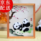 老秀馆蜀绣熊猫伴手礼双面刺绣摆件工艺品中国特色礼物送老外文创纪念品 榉木外框-梅花熊猫（JD发货）