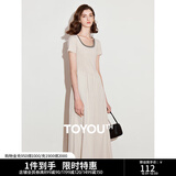 初语撞色假两件拼接U领短袖连衣裙女2025夏季新款收腰中长款裙子 浅灰杏 S