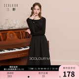 三彩2025冬季新款拼接小黑裙收腰连衣裙A字裙长裙优雅M 经典黑 S 155/80A