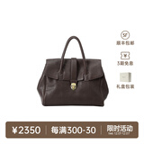 裘真手提公文包女士复古大容量通勤头层植鞣牛皮包包植鞣牛皮 咖啡色-大号