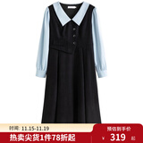 独束大码女装假两件撞色衬衫领连衣裙女秋冬微胖mm文艺复古穿搭裙子 墨染黑【适合160左右】 2XL