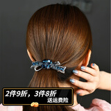 案妆七夕蝴蝶结发夹头饰女韩国后脑勺一字夹子水钻韩式弹簧夹顶夹发卡 墨蓝灰(送礼盒)