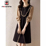 AEMAPE欧洲站连衣裙女2025春秋新款假两件时尚淑女气质荷叶边直筒裙子女 咖色 2XL