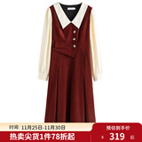 独束大码女装假两件撞色衬衫领连衣裙女秋冬微胖mm文艺复古穿搭裙子 勃艮第红【适合160左右】 2XL