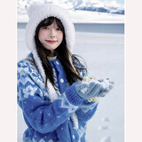 哈鲁迪费尔岛蓝色提花毛衣开衫女2025冬季新款慵懒风加厚针织衫上衣外套 蓝色 均码 （115斤以内）