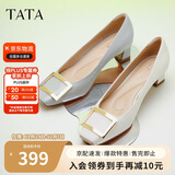 他她女鞋粗跟单鞋真皮方头休闲鞋高跟浅口鞋子7YO01AQ4 白色 38