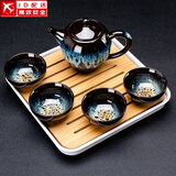建盏功夫茶具套装家用窑变天目釉茶杯茶壶茶盘陶瓷钧窑沙金泡茶器 5头（沙金/美人壶）+小四方（条纹）密胺/白