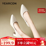 意尔康女鞋粗跟时装鞋浅口套脚高跟鞋工作女单鞋春秋 26906W米白36