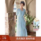 茵曼（INMAN）法式薄荷曼波连衣裙2024夏女装新品V领灯笼袖抽绳 绀蓝色 S