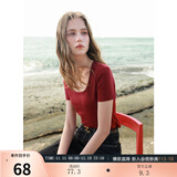 三彩2025秋款纯色方领T恤正肩短袖套头衫修身短款简约M 酒红 XL 170/92A