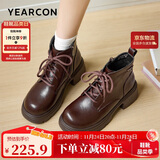 意尔康马丁靴女秋冬新款复古厚底增高加绒机车短靴 14738W棕色35