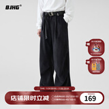 BJHG不计后果秋季美式伞兵工装长裤男潮牌肌理感宽松直筒运动休闲裤子 炭黑色 M