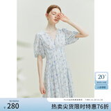 范思蓝恩23FS12521茶歇法式雪纺碎花连衣裙女夏V领海边度假长裙子 白底紫花 M