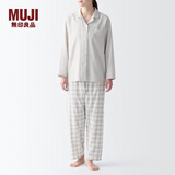 无印良品（MUJI） 女式 无侧缝双层纱织睡衣女士家居服春秋纯棉条纹格纹长袖 女款 浅米色格纹 L (上装165/88A下装165/70A)