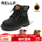 百丽童鞋冬保暖儿童靴子男童马丁靴女童加绒短靴皮靴 黑色31码