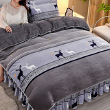 北极绒（Bejirog）加绒牛奶绒四件套冬季加厚双面珊瑚绒被套床单法兰绒床裙床上用品 J一鹿有你-灰【升级加厚牛奶绒】 1.8m 床单款 四件套-被套200*230cm